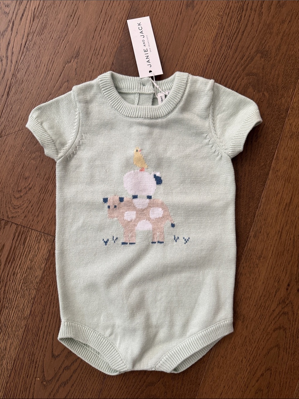 NWT Janie and Jack Mint Knit Short-Sleeve Animal Stack Bodysuit size 6-12 months